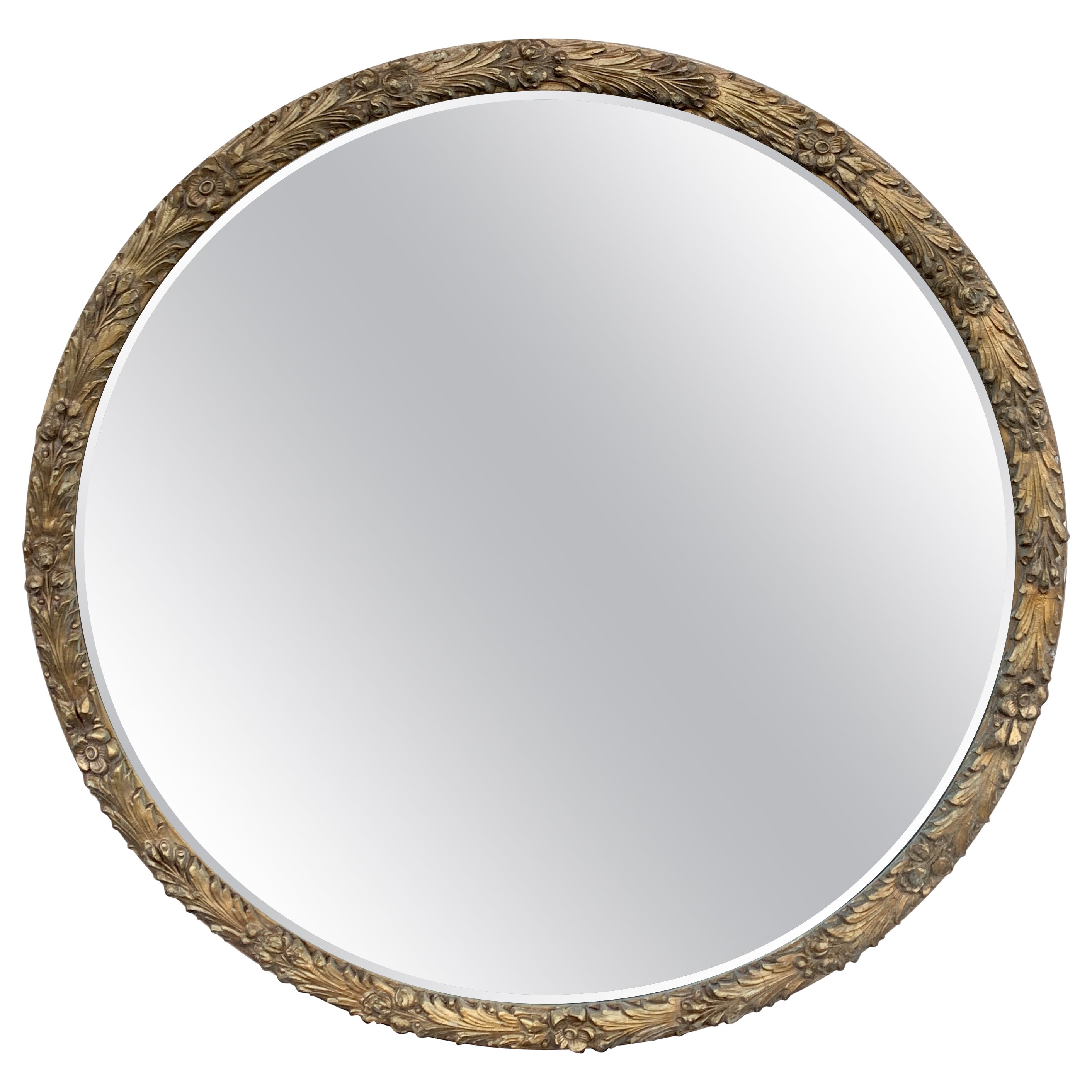 Antique Carved Foliate Round Giltwood Mirror, Circa 1940s
