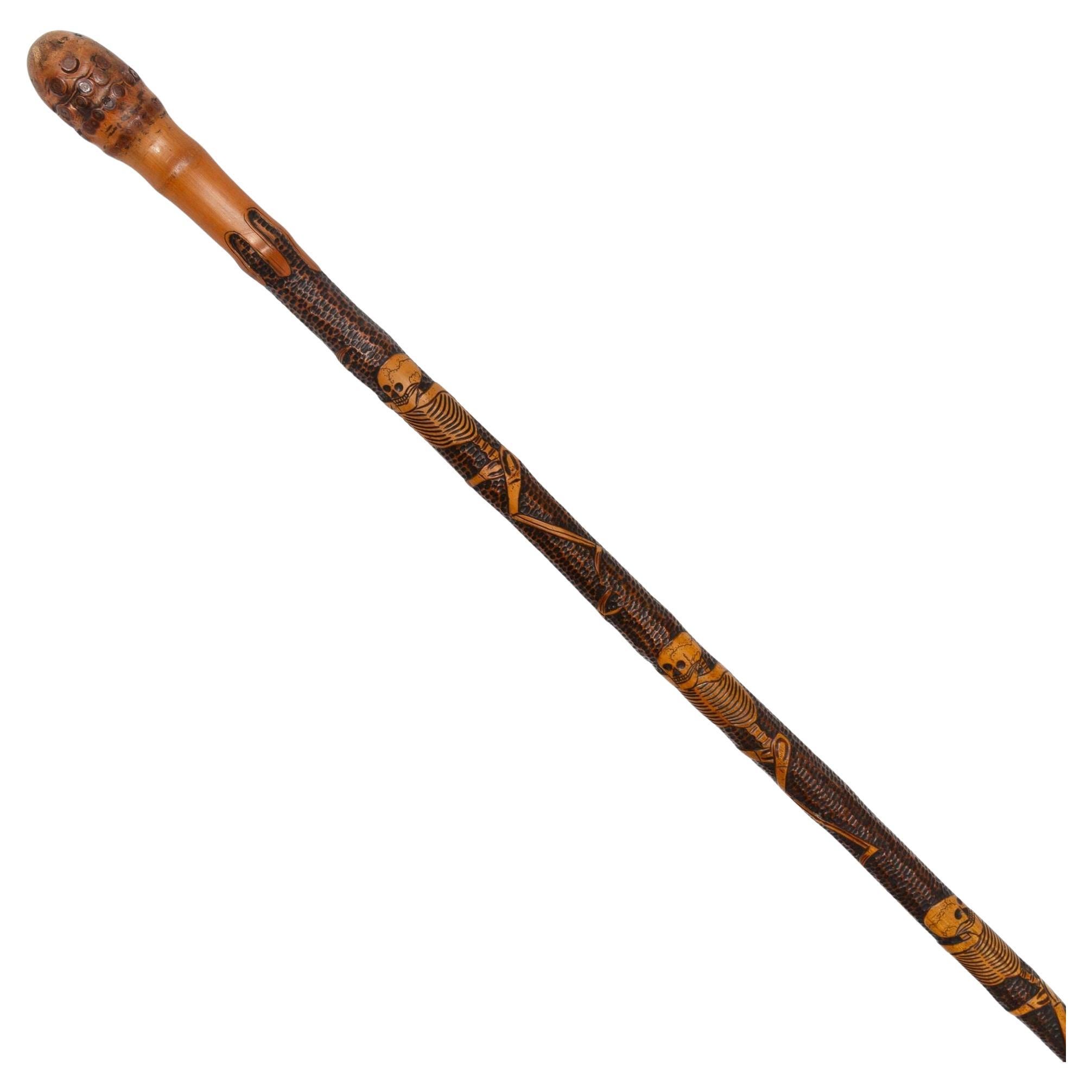 Antique Carved Folk Art Walking Stick Cane, Skeletons & Octopus