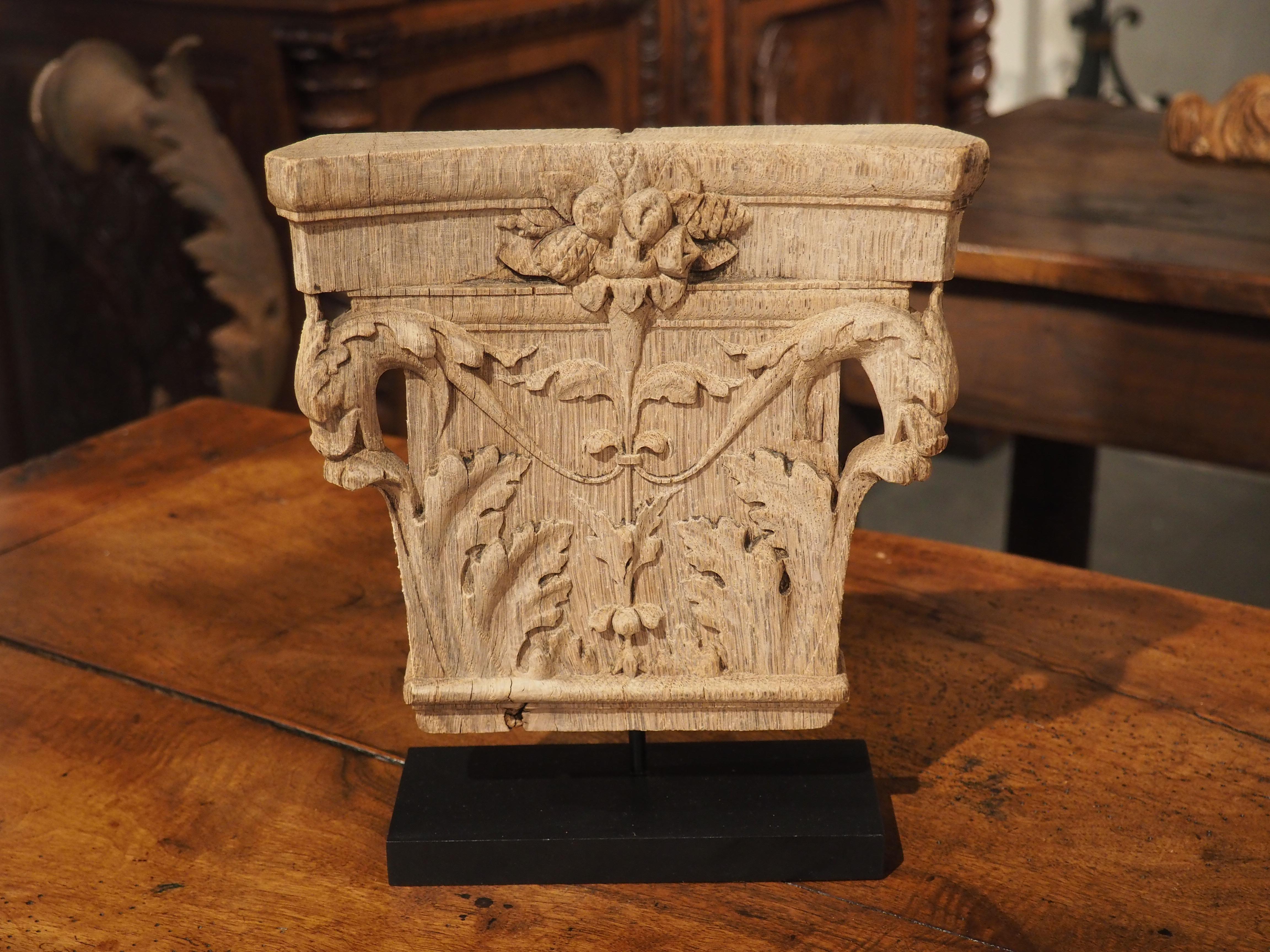 Neoclassical Antique Carved French Oak Capital on Stand, Dated 1841