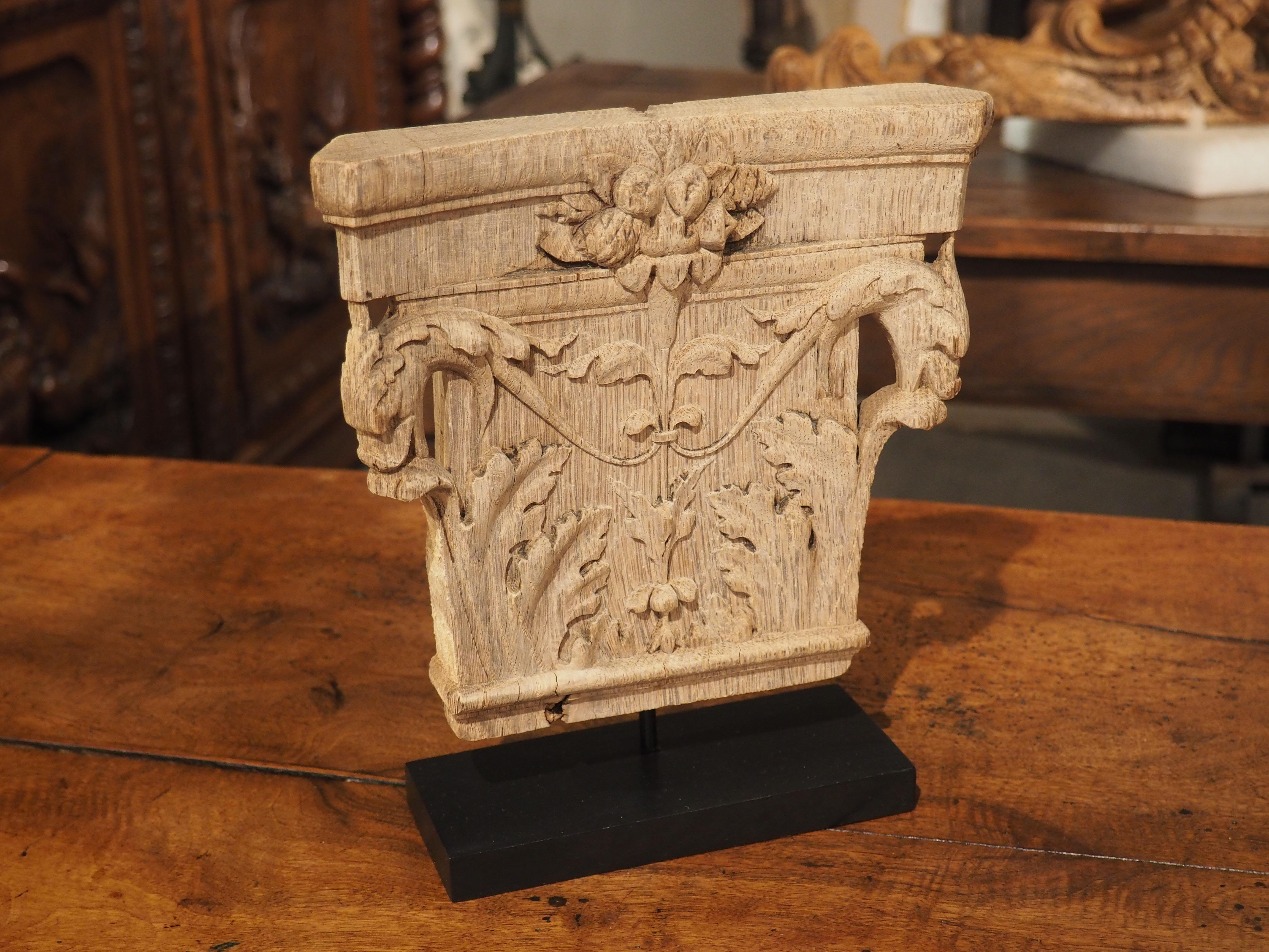 Antique Carved French Oak Capital on Stand, Dated 1841 In Good Condition In Dallas, TX