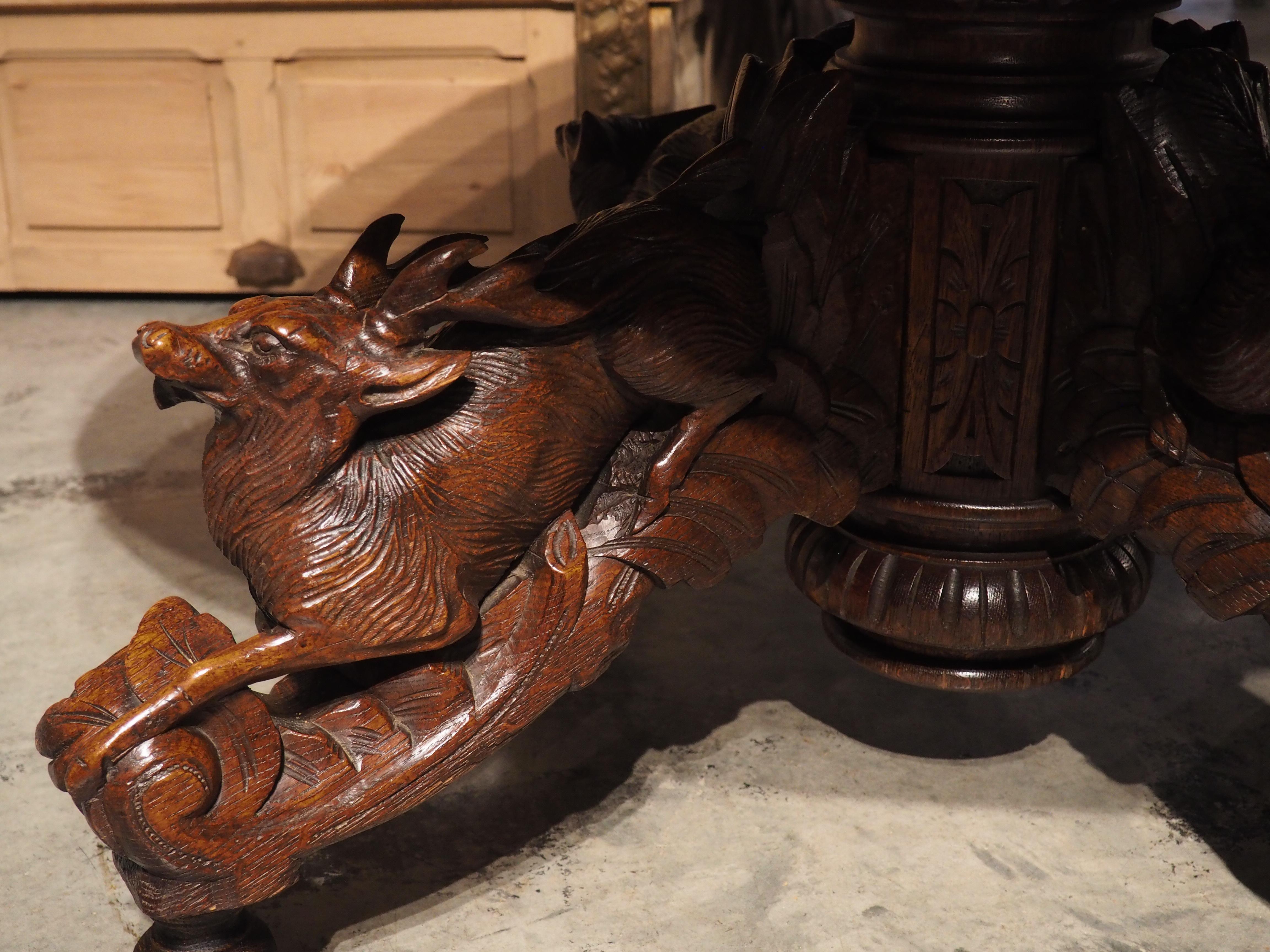 Antique Carved French Oak Oval Hunt Table with Boar, Dog, Fox, and Stag, c 1890 For Sale 5