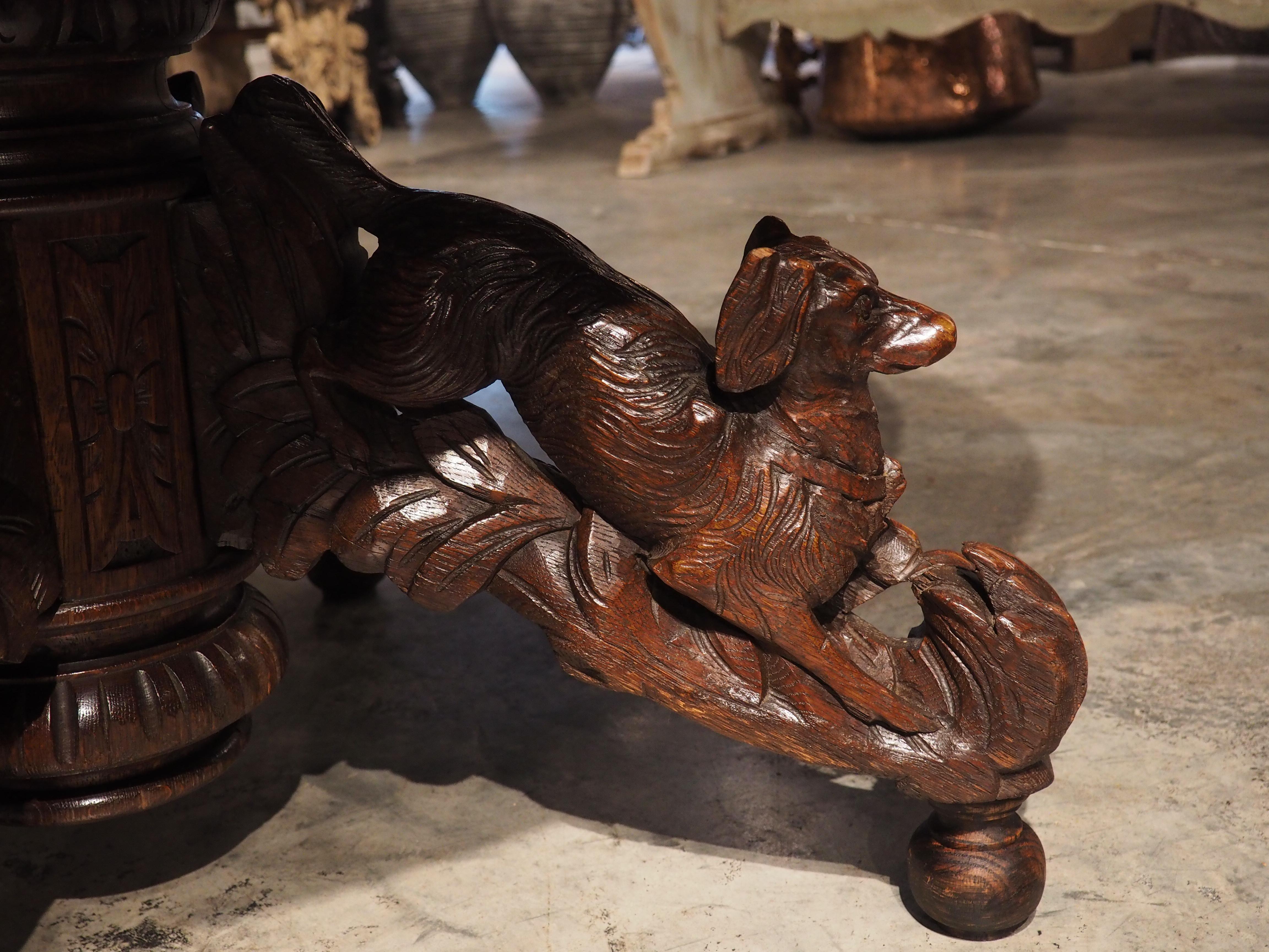 Antique Carved French Oak Oval Hunt Table with Boar, Dog, Fox, and Stag, c 1890 For Sale 6