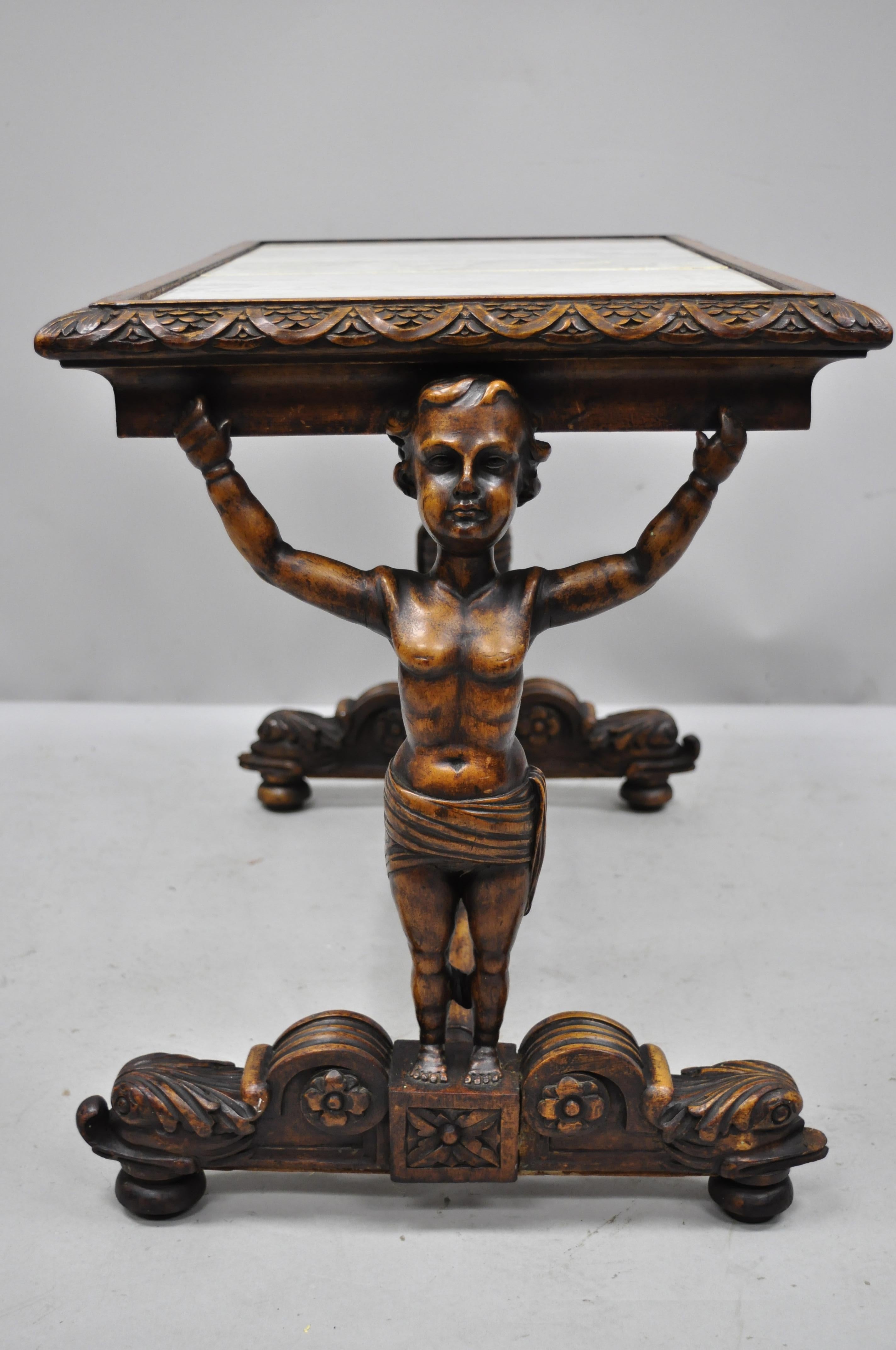 Antique Carved Full Cherub Putti Figural Italian Renaissance Side Table In Good Condition In Philadelphia, PA