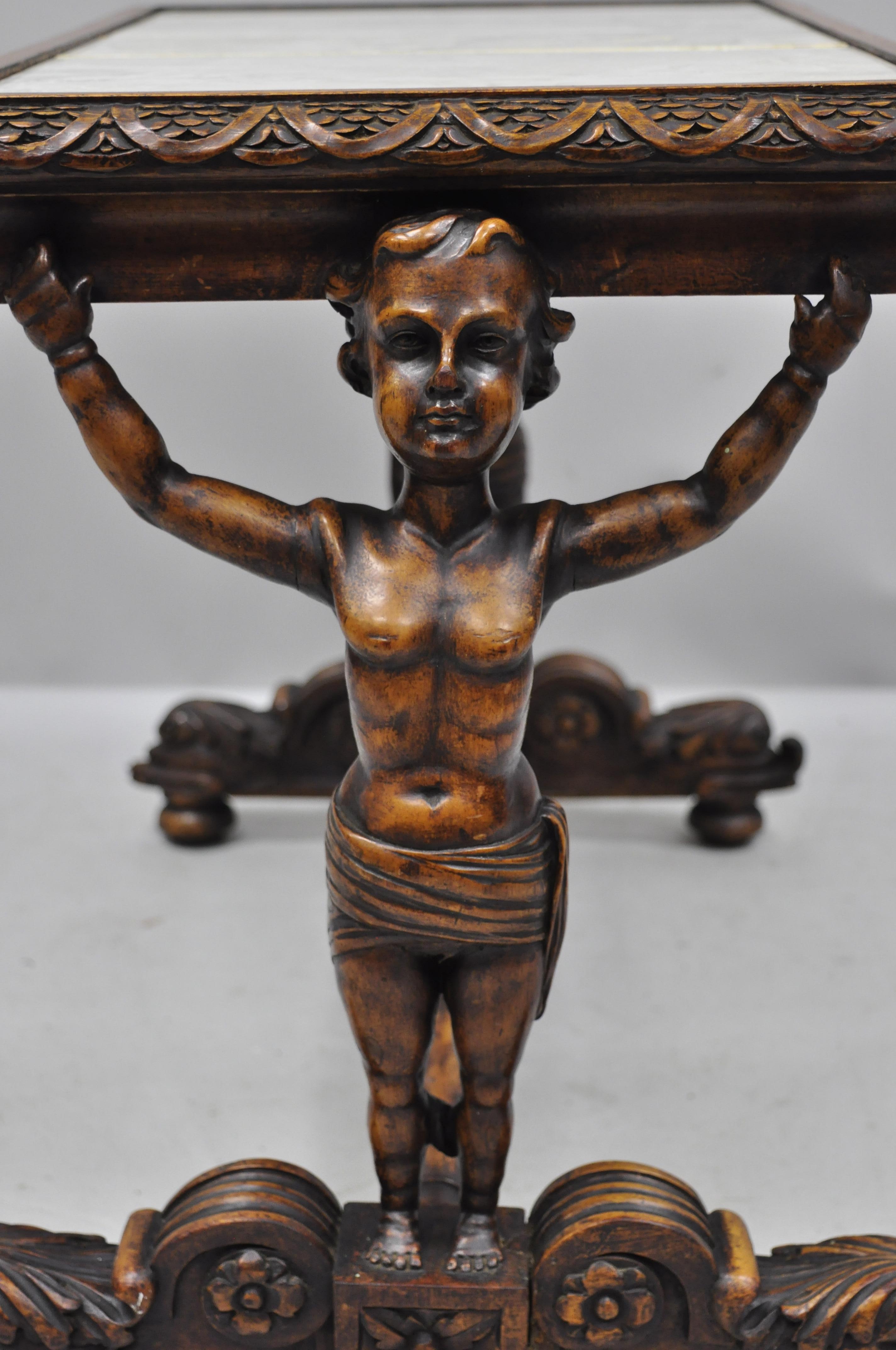 20th Century Antique Carved Full Cherub Putti Figural Italian Renaissance Side Table