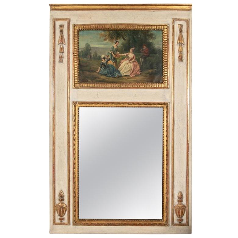 Antique Carved, Gilt and Painted Trumeau Mirror