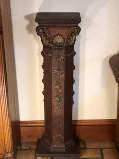 Antique Carved Gilt Columned Oak Pedestal or Plant Stand