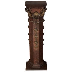 Antique Carved Gilt Columned Oak Pedestal or Plant Stand