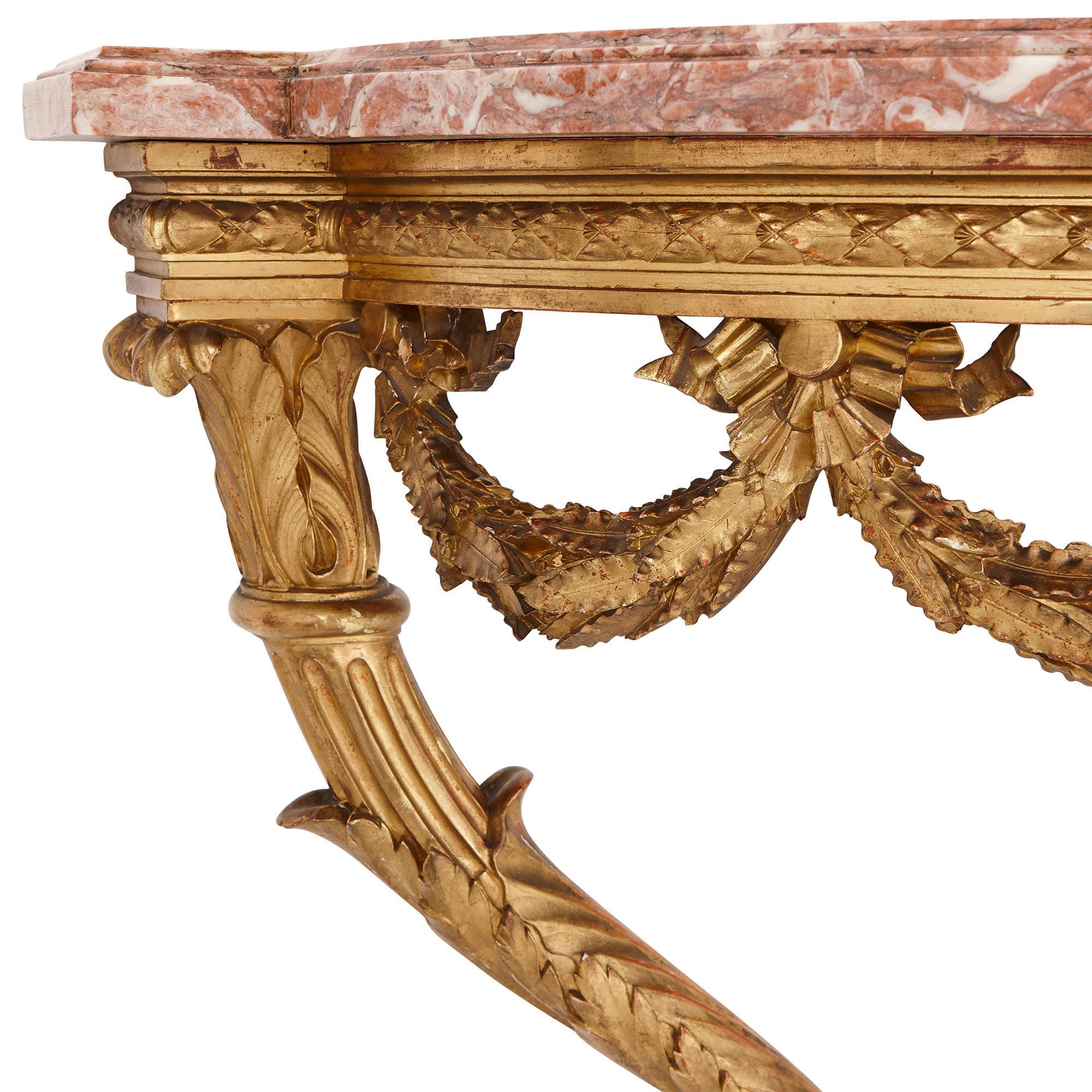 Antiker Konsolentisch aus geschnitztem vergolteten Holz und rosa Marmor von Linke (Louis XVI.) im Angebot