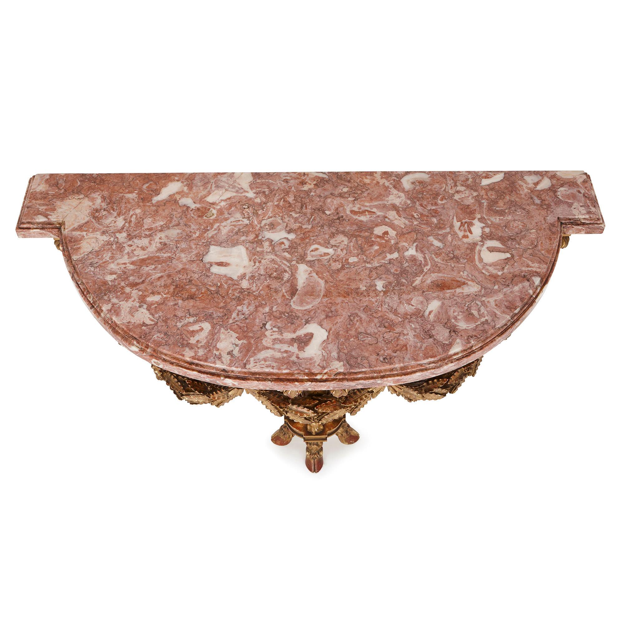 Intagliato Antique Carved Giltwood and Pink Marble Console Table by Linke in vendita