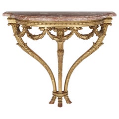 Antique Carved Giltwood and Pink Marble Console Table by Linke