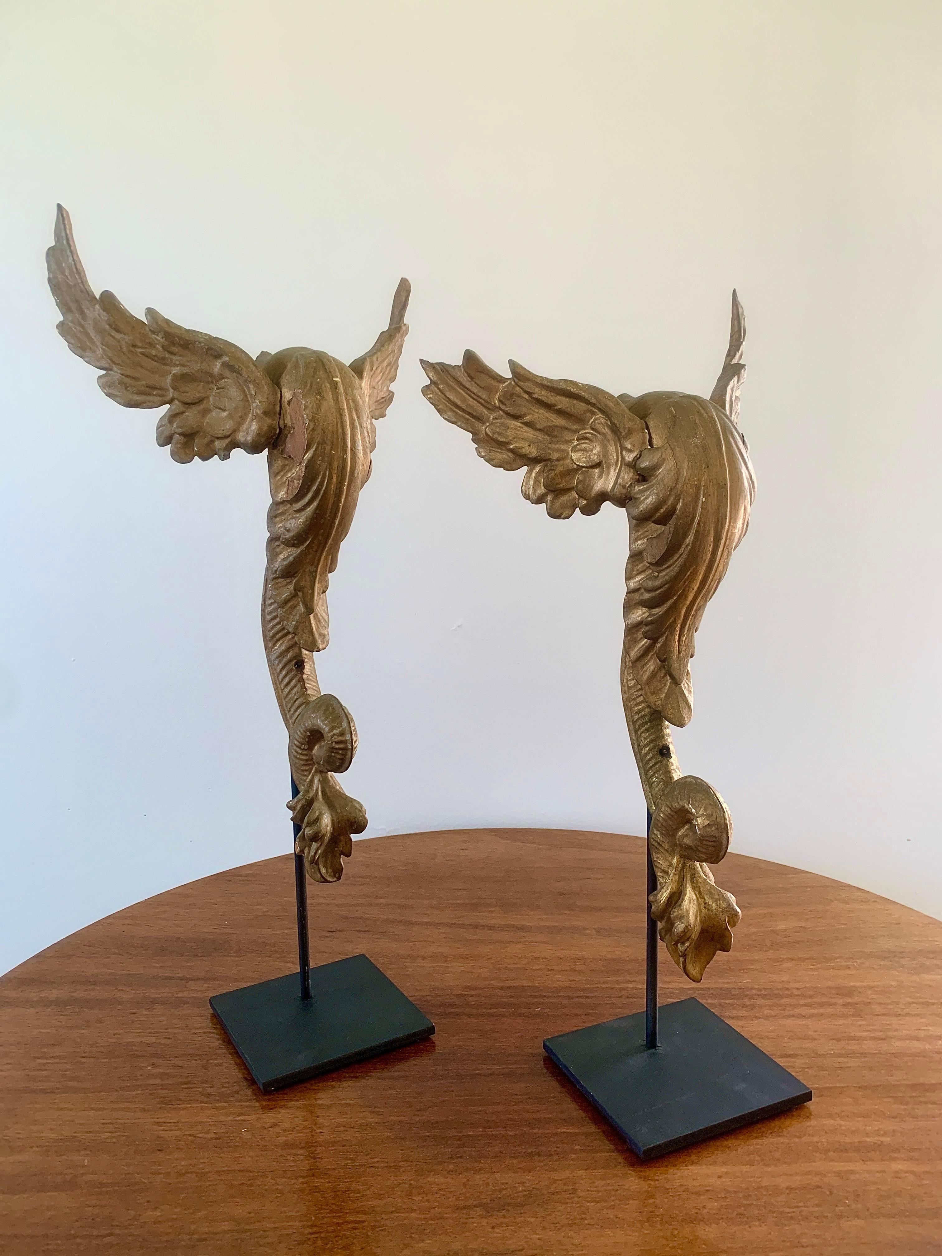 Antique Carved Giltwood Architectural Winged Fragments with Serpent Tails, circa In Good Condition For Sale In Elkhart, IN