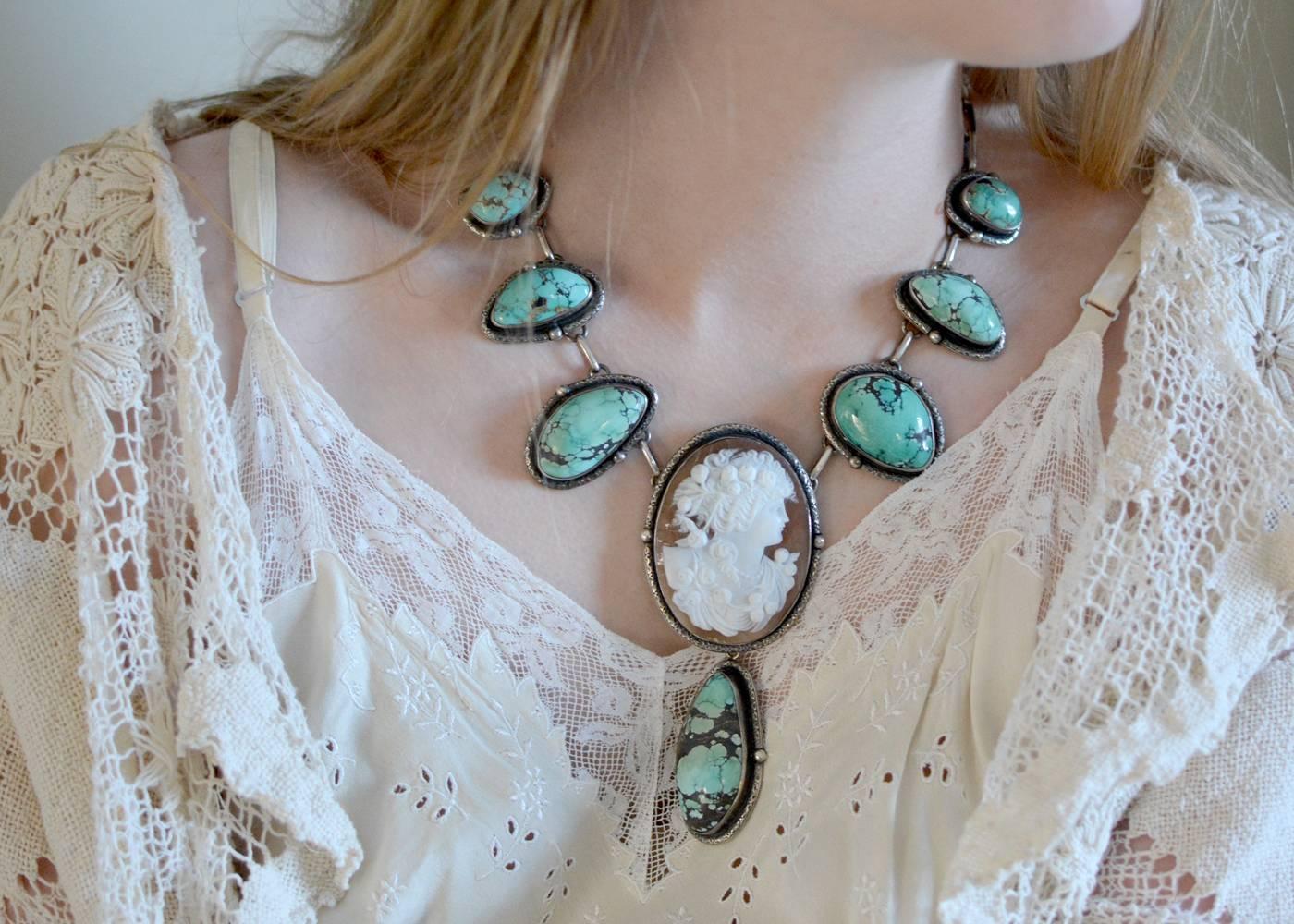 Jill Garber Fine Antique Goddess Cameo with Natural Turquoise Festoon Necklace 5