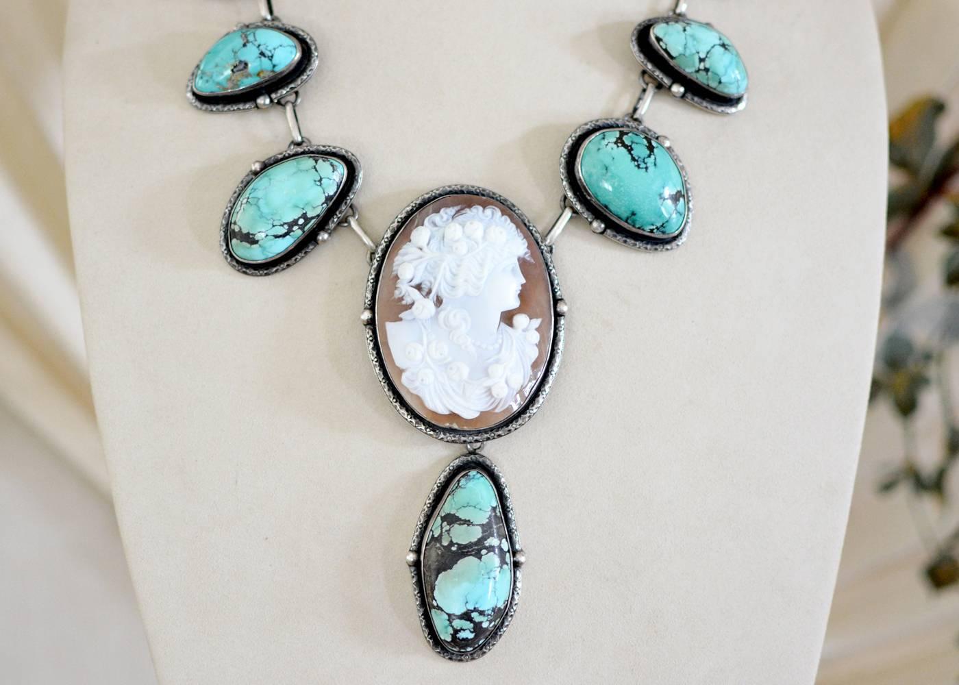 Artist Jill Garber Fine Antique Goddess Cameo with Natural Turquoise Festoon Necklace