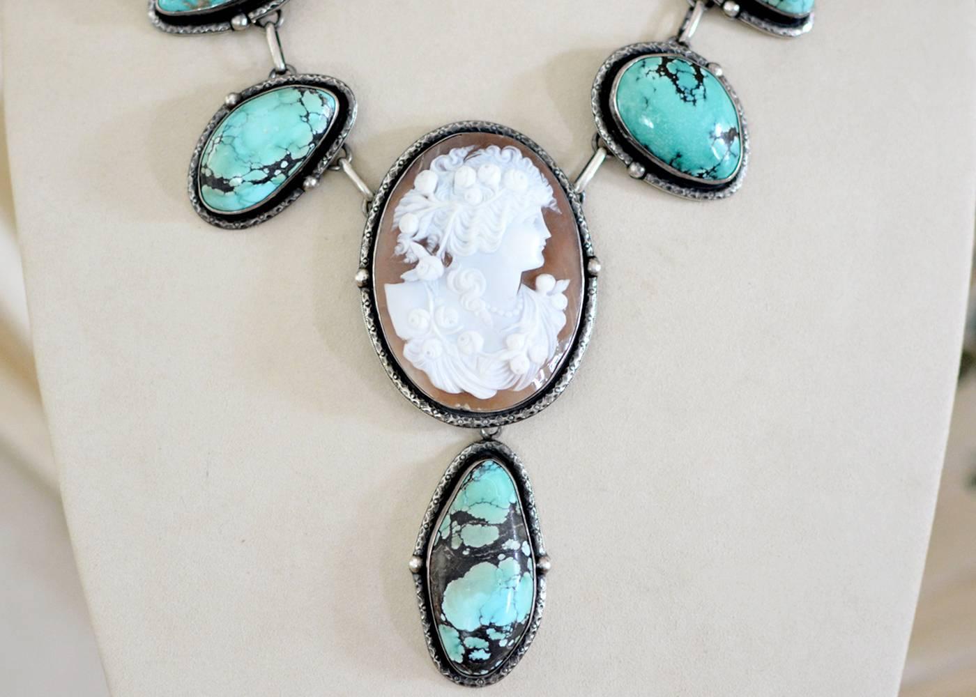 Oval Cut Jill Garber Fine Antique Goddess Cameo with Natural Turquoise Festoon Necklace