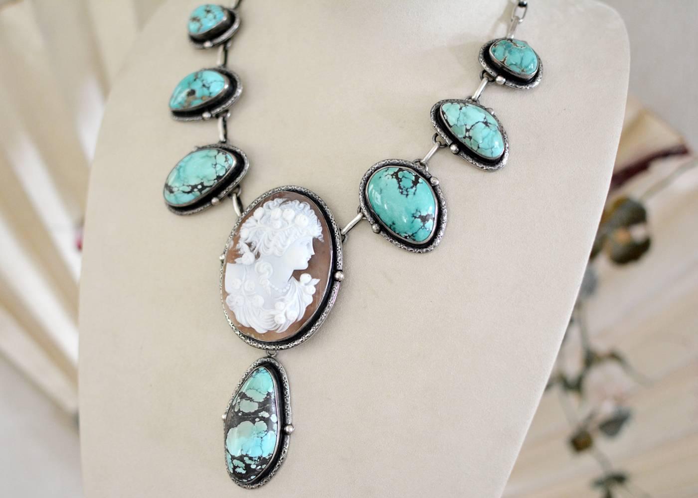 Jill Garber Fine Antique Goddess Cameo with Natural Turquoise Festoon Necklace In Excellent Condition In Saginaw, MI