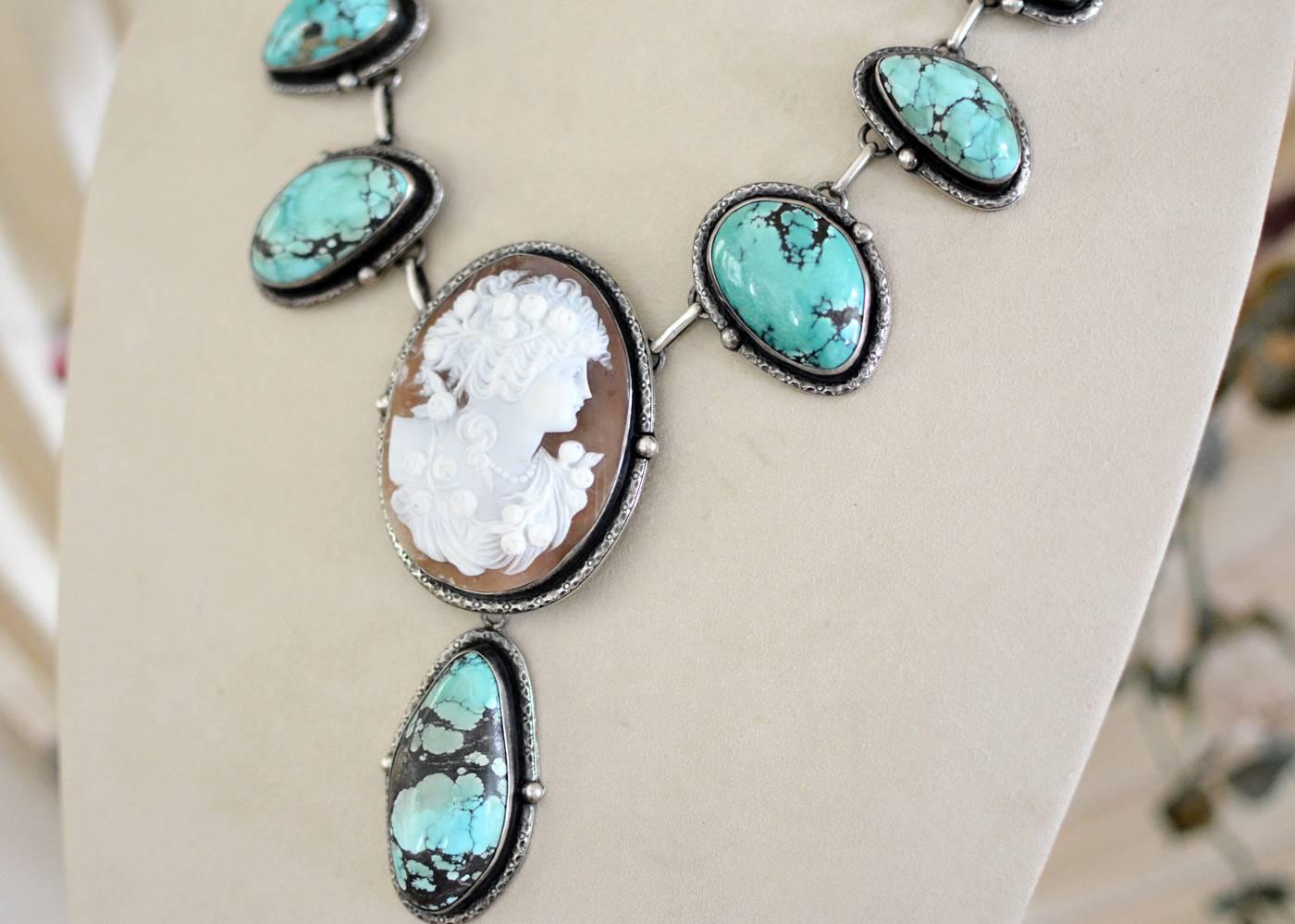 Women's or Men's Jill Garber Fine Antique Goddess Cameo with Natural Turquoise Festoon Necklace