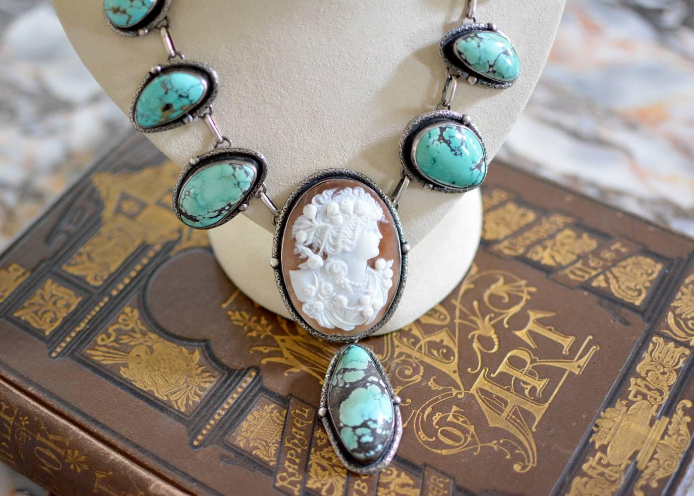 Jill Garber Fine Antique Goddess Cameo with Natural Turquoise Festoon Necklace 4
