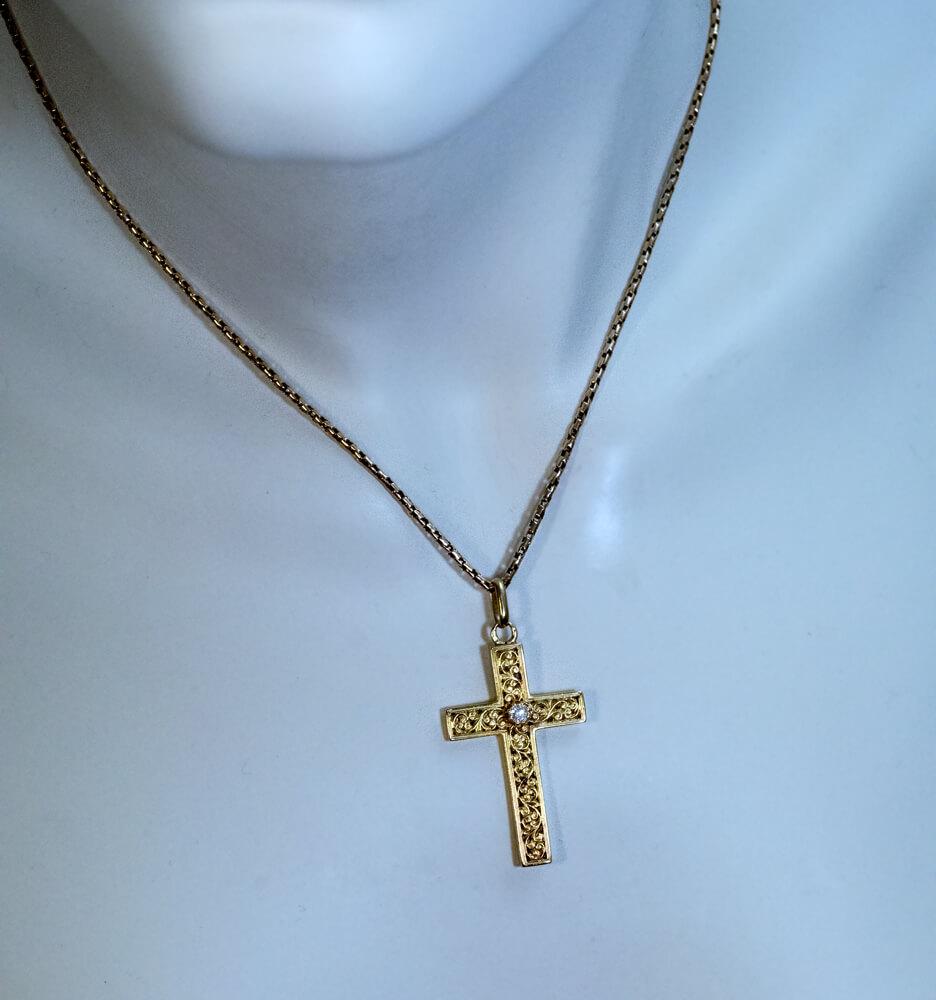 Victorian Antique Carved Gold Diamond Cross Pendant For Sale