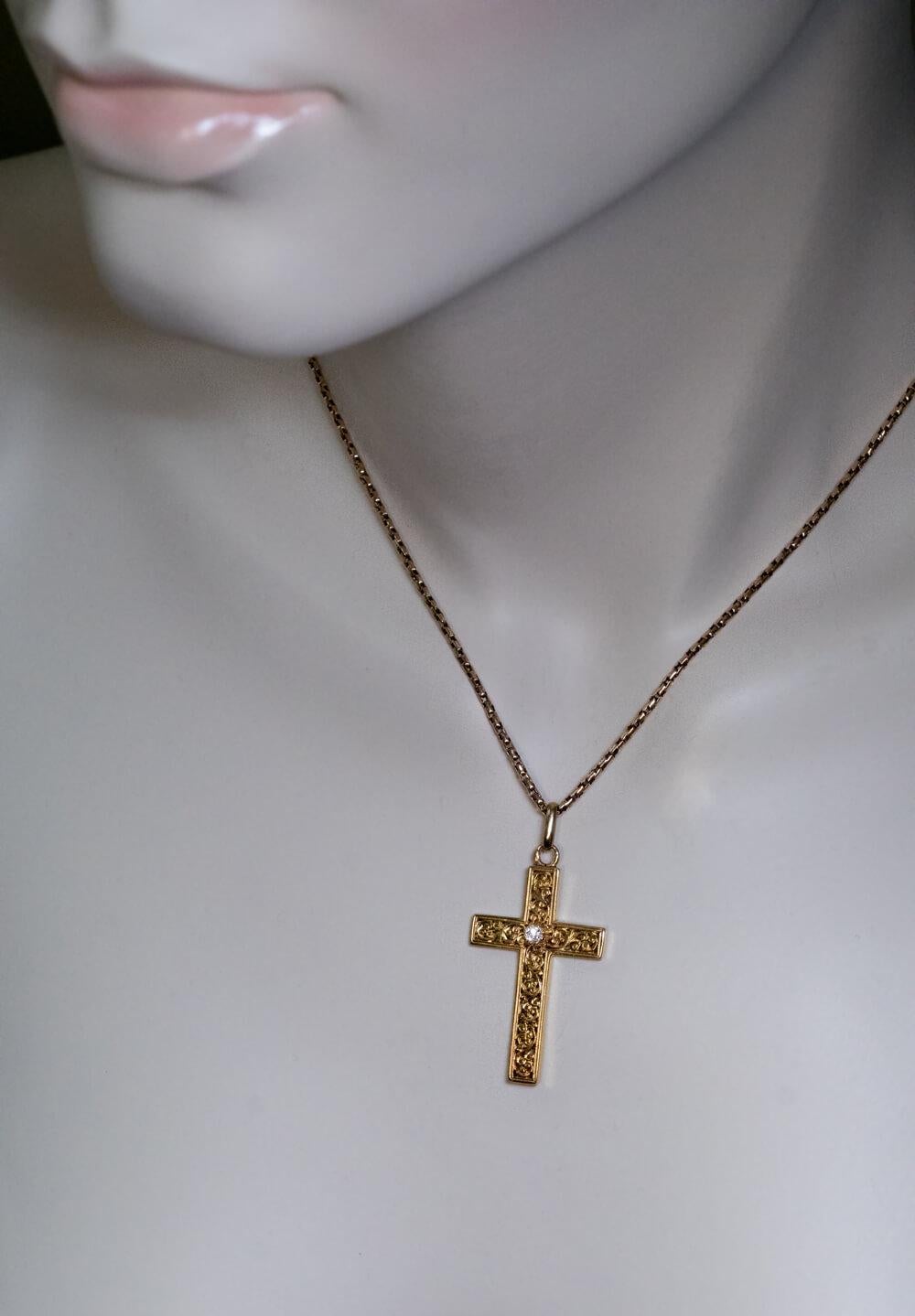 Old Mine Cut Antique Carved Gold Diamond Cross Pendant For Sale
