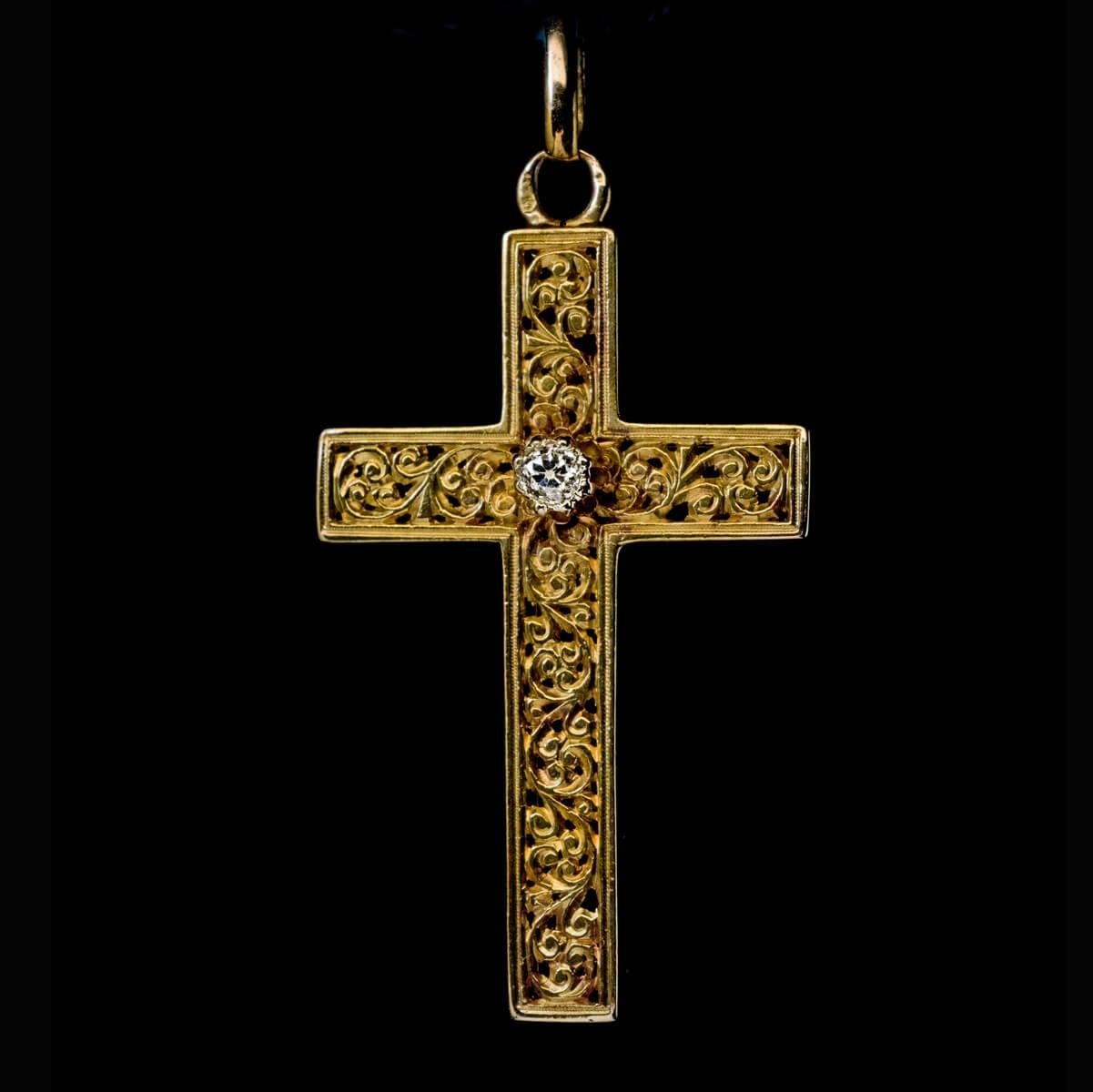 Women's or Men's Antique Carved Gold Diamond Cross Pendant For Sale
