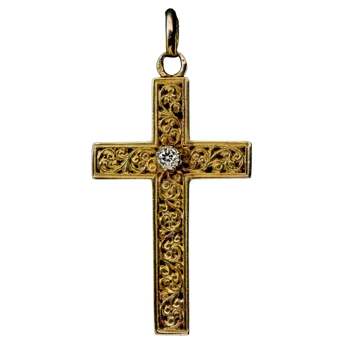 Antique Carved Gold Diamond Cross Pendant For Sale