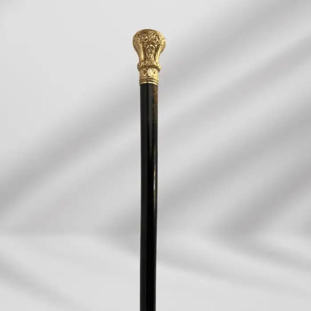 Antiker geschnitzter, goldfarbener, gefüllter Knopfgriff, Gehstock, Schilfrohr, schwarz im Angebot 1