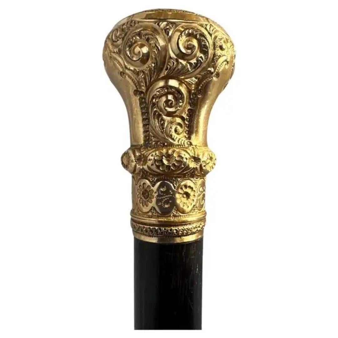 Antiker geschnitzter, goldfarbener, gefüllter Knopfgriff, Gehstock, Schilfrohr, schwarz im Angebot 3