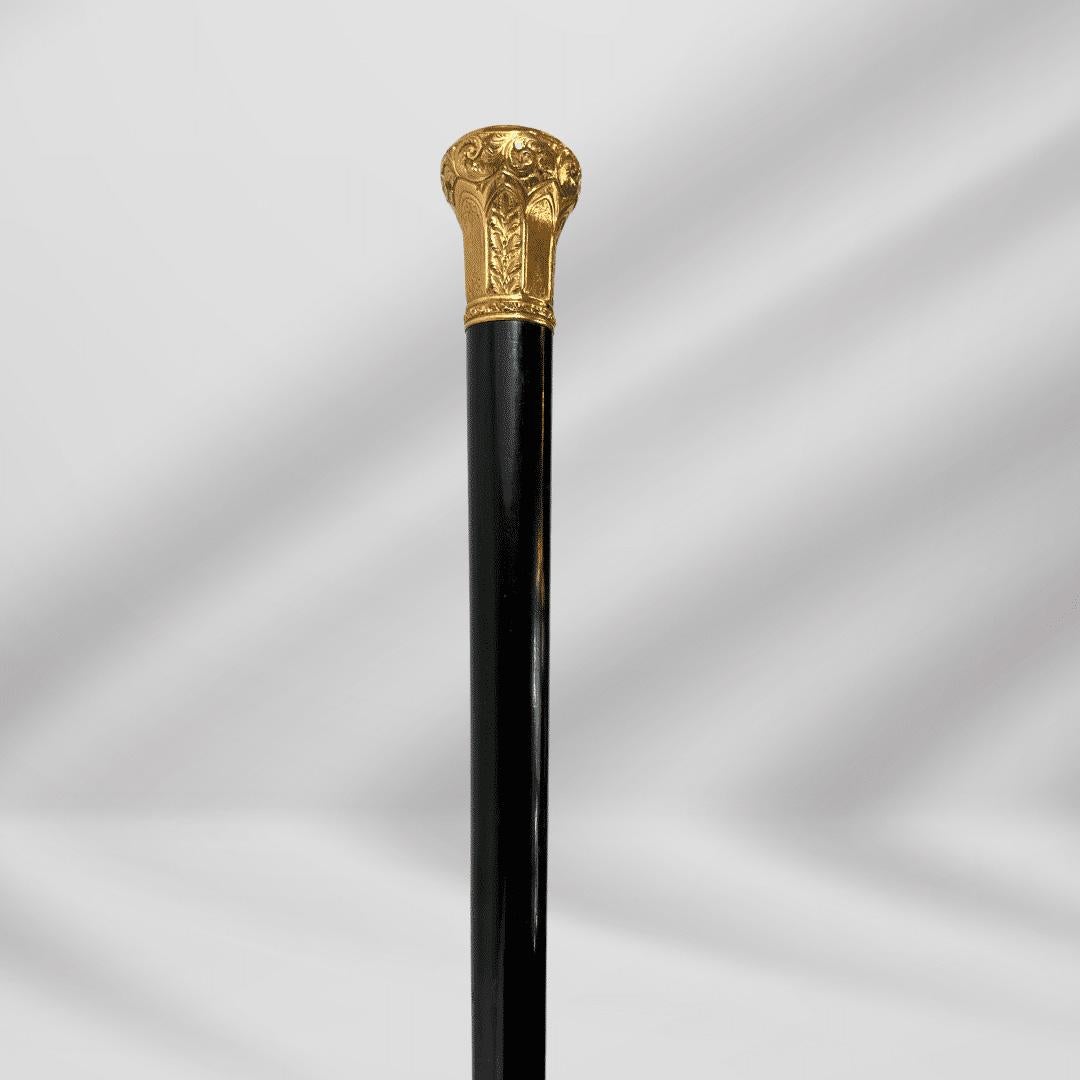 Antique Carved Gold Plate Knob Handle Best Walking Stick Cane Black In Good Condition For Sale In Jacksonville, FL