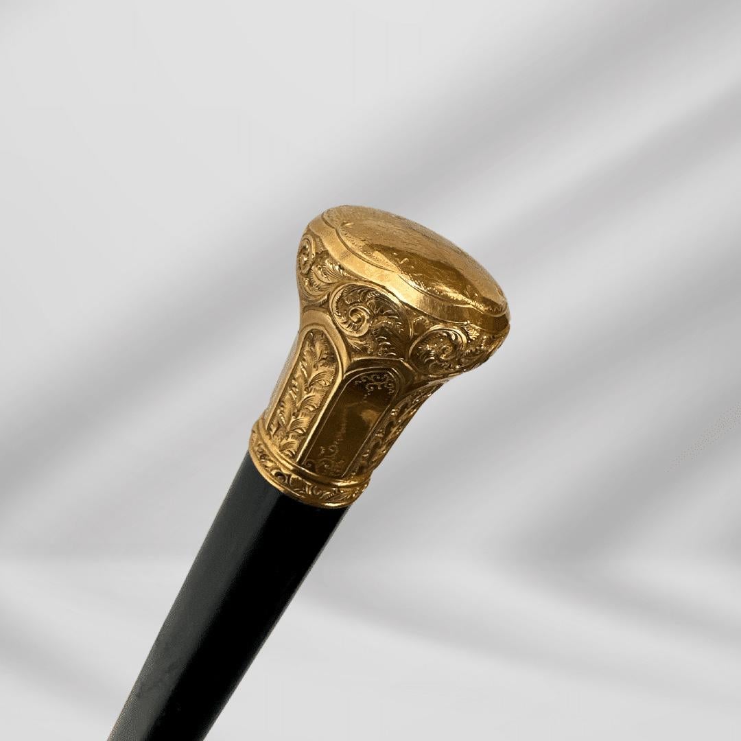Women's or Men's Antique Carved Gold Plate Knob Handle Best Walking Stick Cane Black For Sale