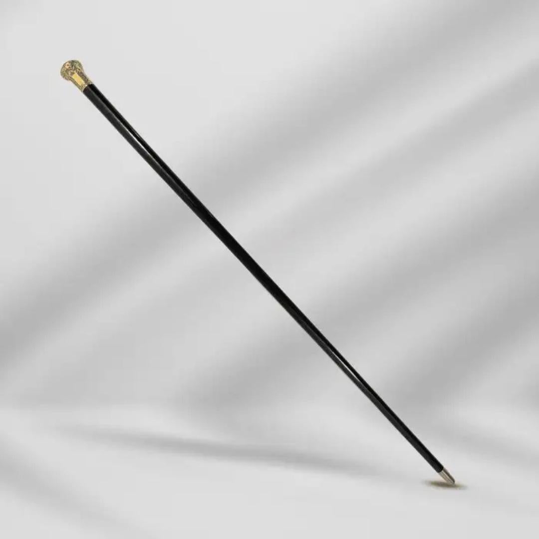 Antique Carved Gold Plate Knob Handle Best Walking Stick Cane Black For Sale 2