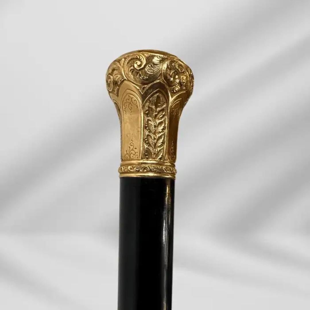 Antique Carved Gold Plate Knob Handle Best Walking Stick Cane Black For Sale 3