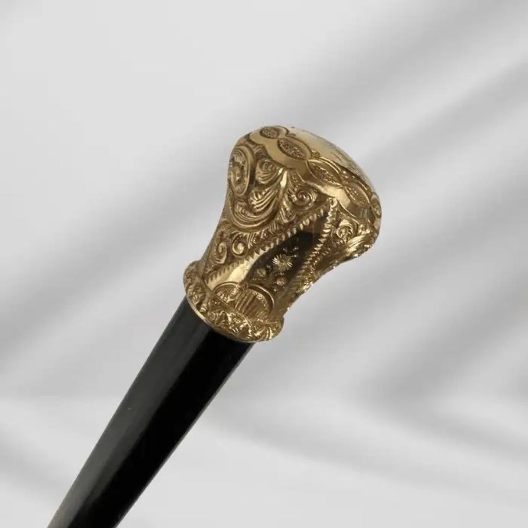 Antique Carved Gold Plate Knob Handle Halifax Walking Stick Cane Black For Sale 3