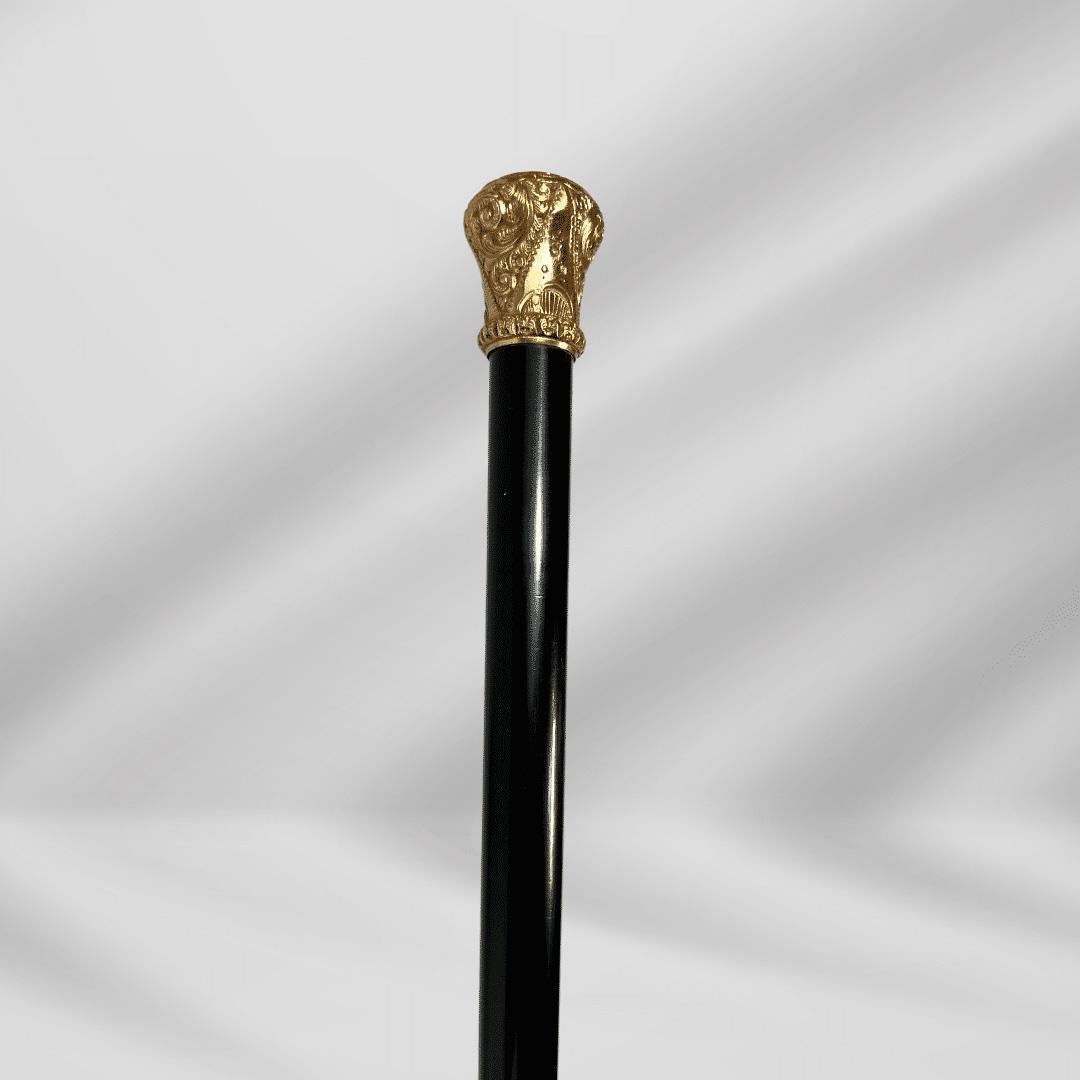 Women's or Men's Antique Carved Gold Plate Knob Handle Halifax Walking Stick Cane Black For Sale