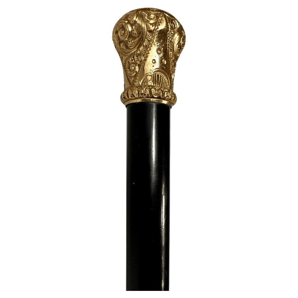 Antique Carved Gold Plate Knob Handle Halifax Walking Stick Cane Black