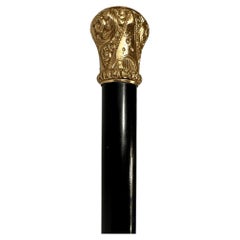 Antique Carved Gold Plate Knob Handle Halifax Walking Stick Cane Black