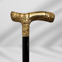 Antique Carved Gold Plate Knob Handle Skinner Walking Stick Cane Black Signed
