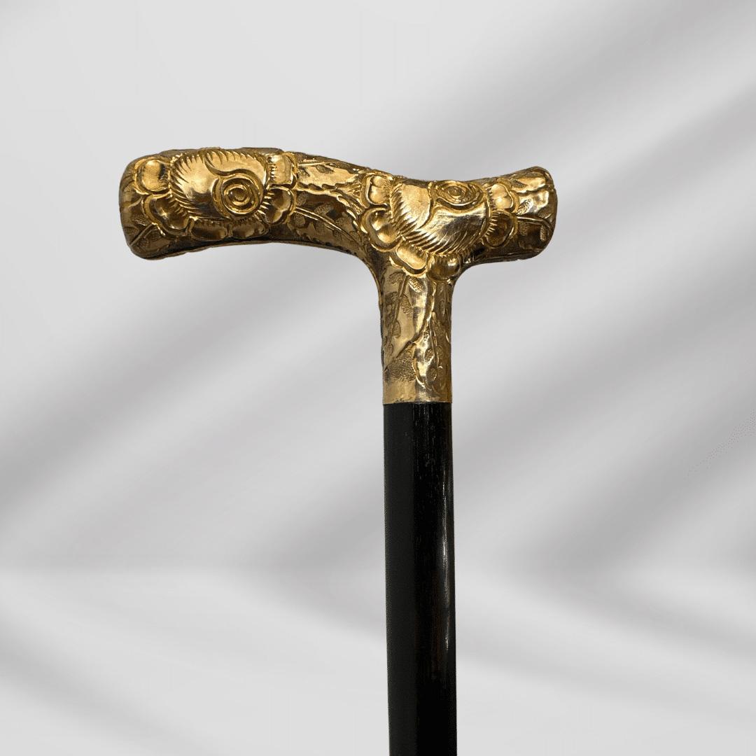 Brown Antique Carved Gold Plate Knob Handle Skinner Walking Stick Cane Black Signed For Sale