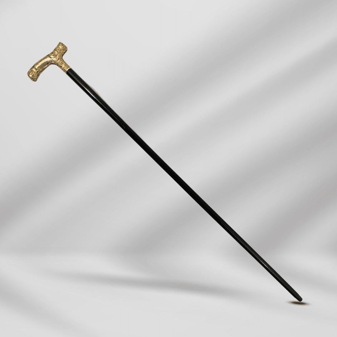 Antique Carved Gold Plate Knob Handle Skinner Walking Stick Cane Black Signed For Sale 1