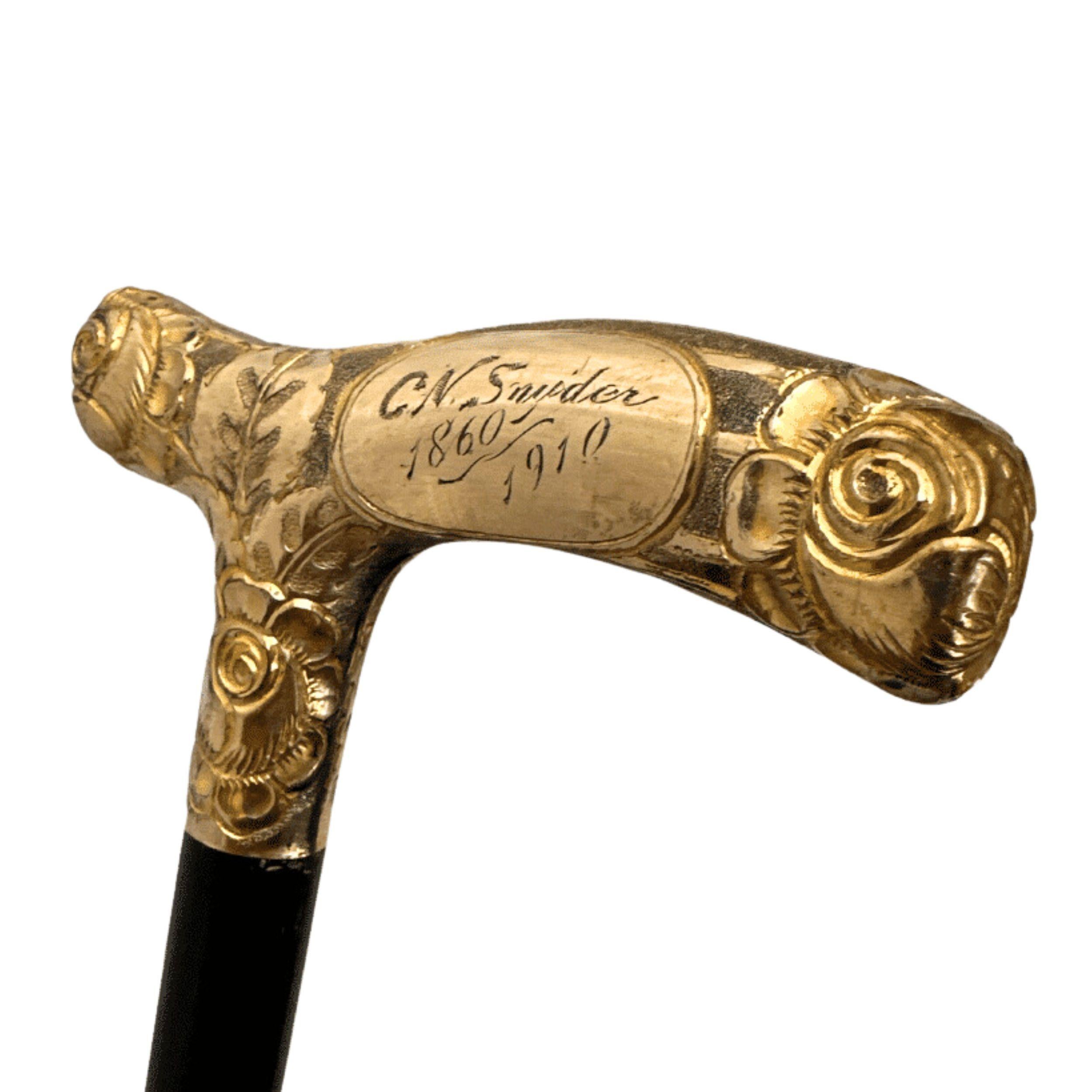 Antique Carved Gold Plate Knob Handle Skinner Walking Stick Cane Black Signed For Sale 2