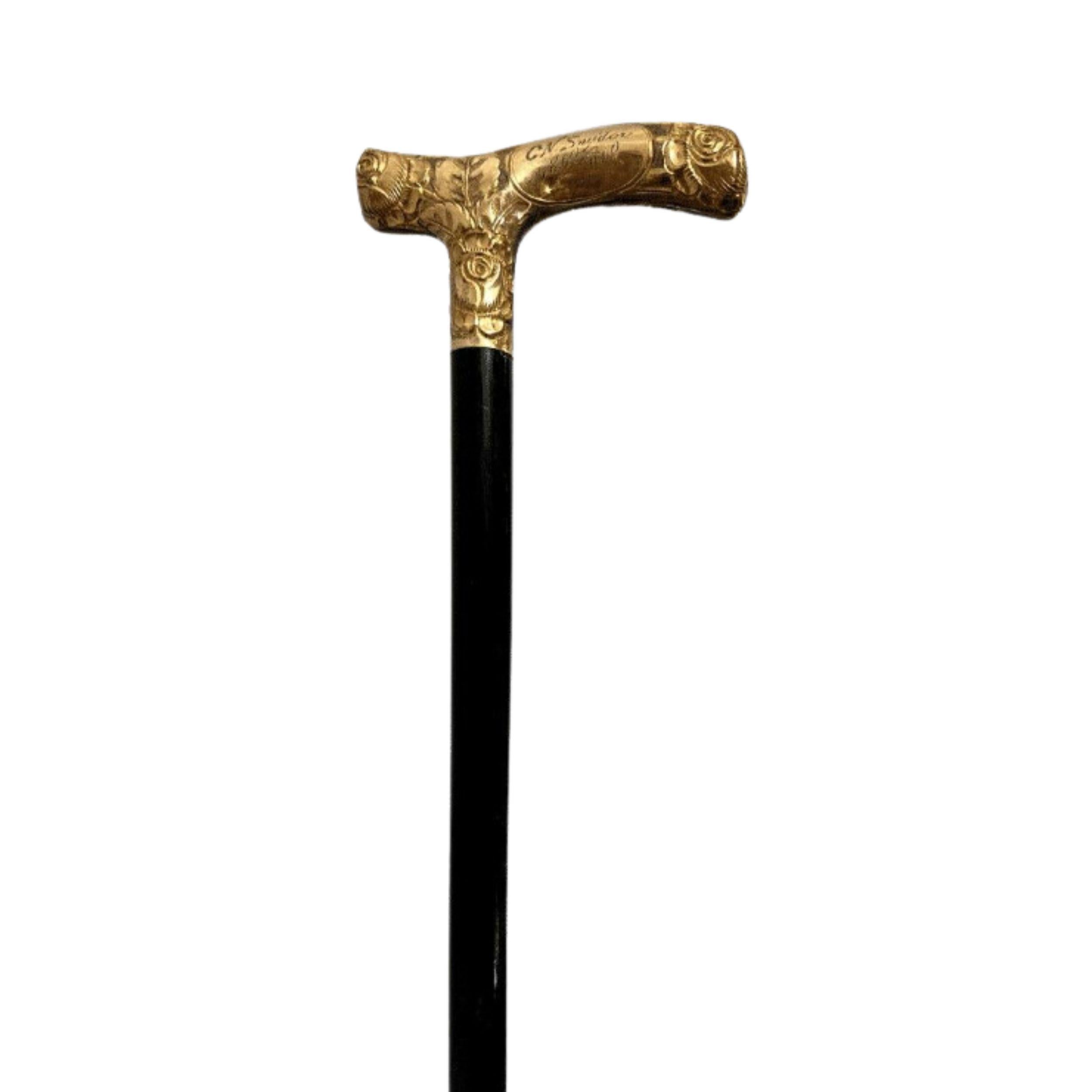 Antique Carved Gold Plate Knob Handle Skinner Walking Stick Cane Black Signed For Sale 3
