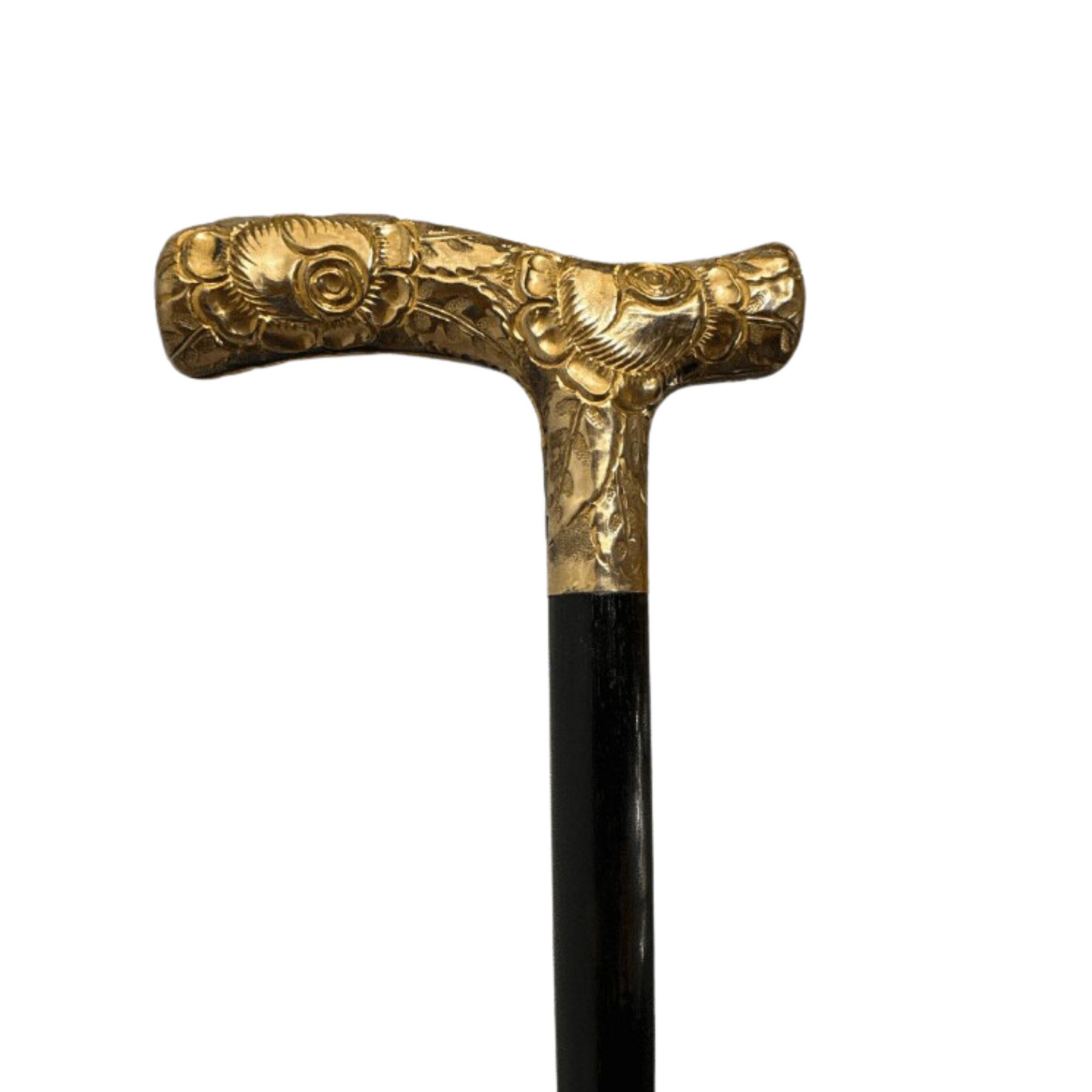 Antique Carved Gold Plate Knob Handle Skinner Walking Stick Cane Black Signed For Sale 4