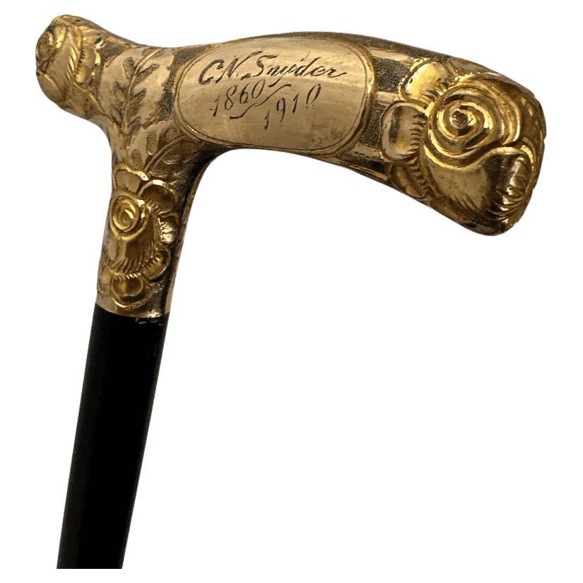 Antique Carved Gold Plate Knob Handle Skinner Walking Stick Cane Black Signed For Sale