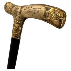 Antique Carved Gold Plate Knob Handle Skinner Walking Stick Cane Black Signed