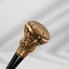 Antique Carved Gold Plate Knob Handle Walking Stick Cane Black