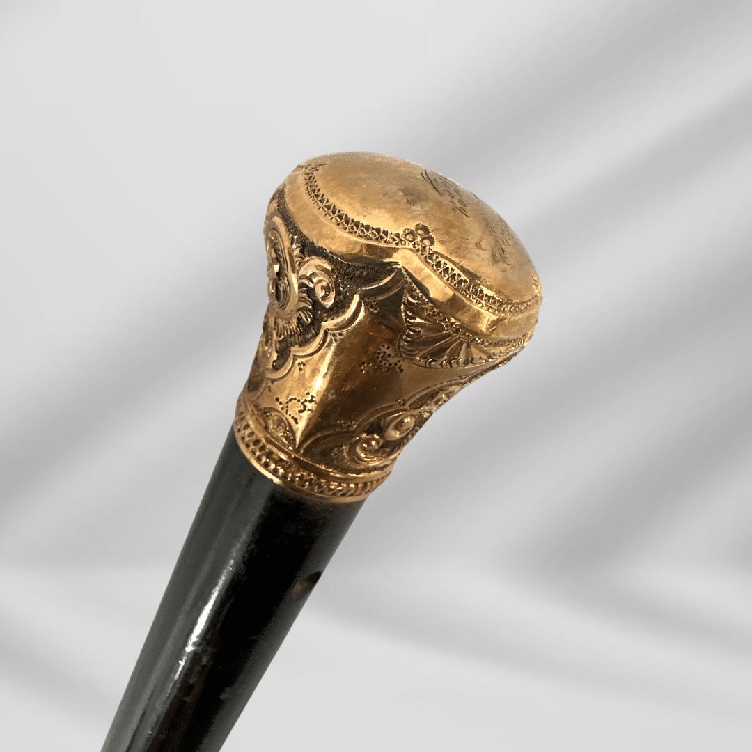 Antique Carved Gold Plate Knob Handle Walking Stick Cane Black Signed 1889 In Good Condition For Sale In Jacksonville, FL