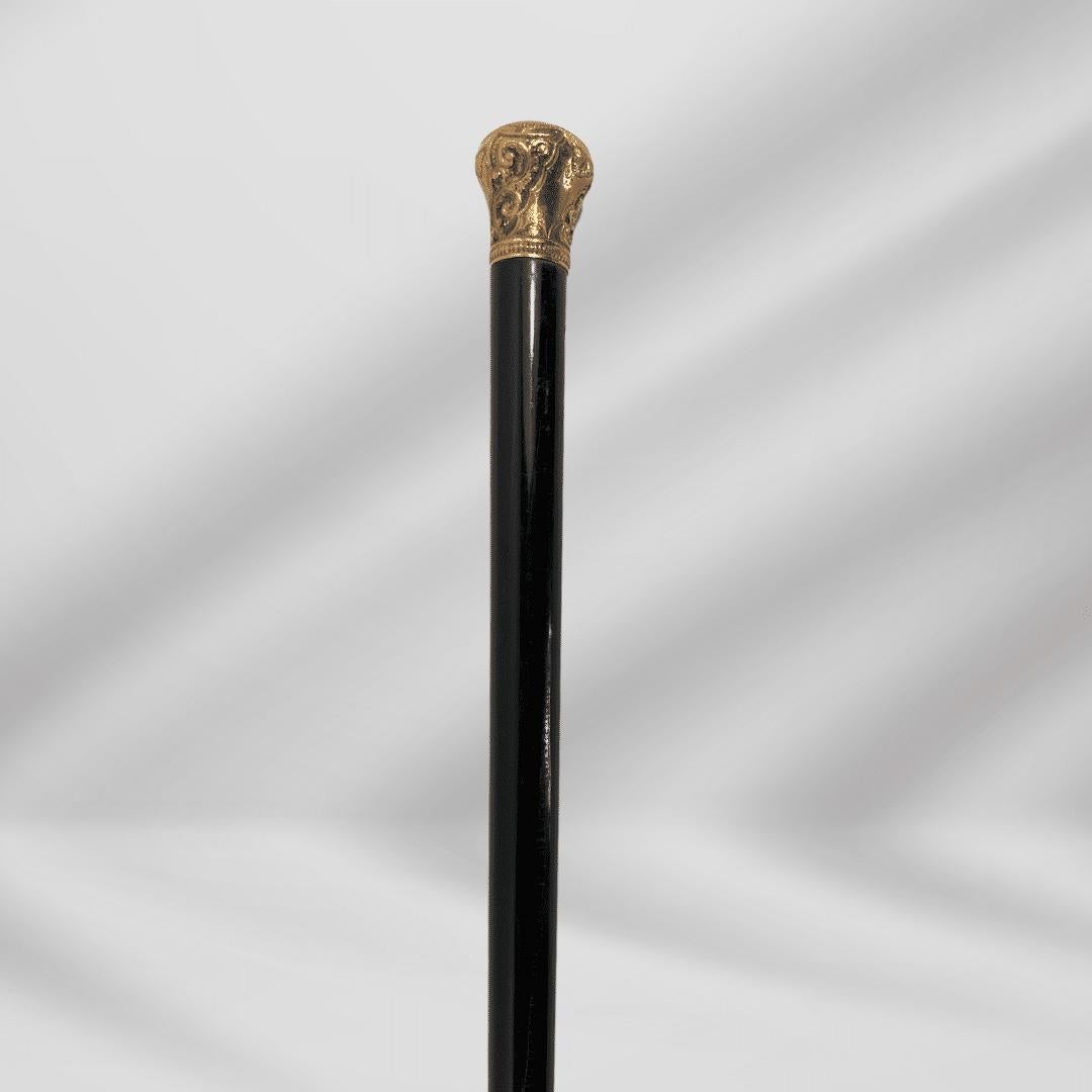 Women's or Men's Antique Carved Gold Plate Knob Handle Walking Stick Cane Black Signed 1889 For Sale