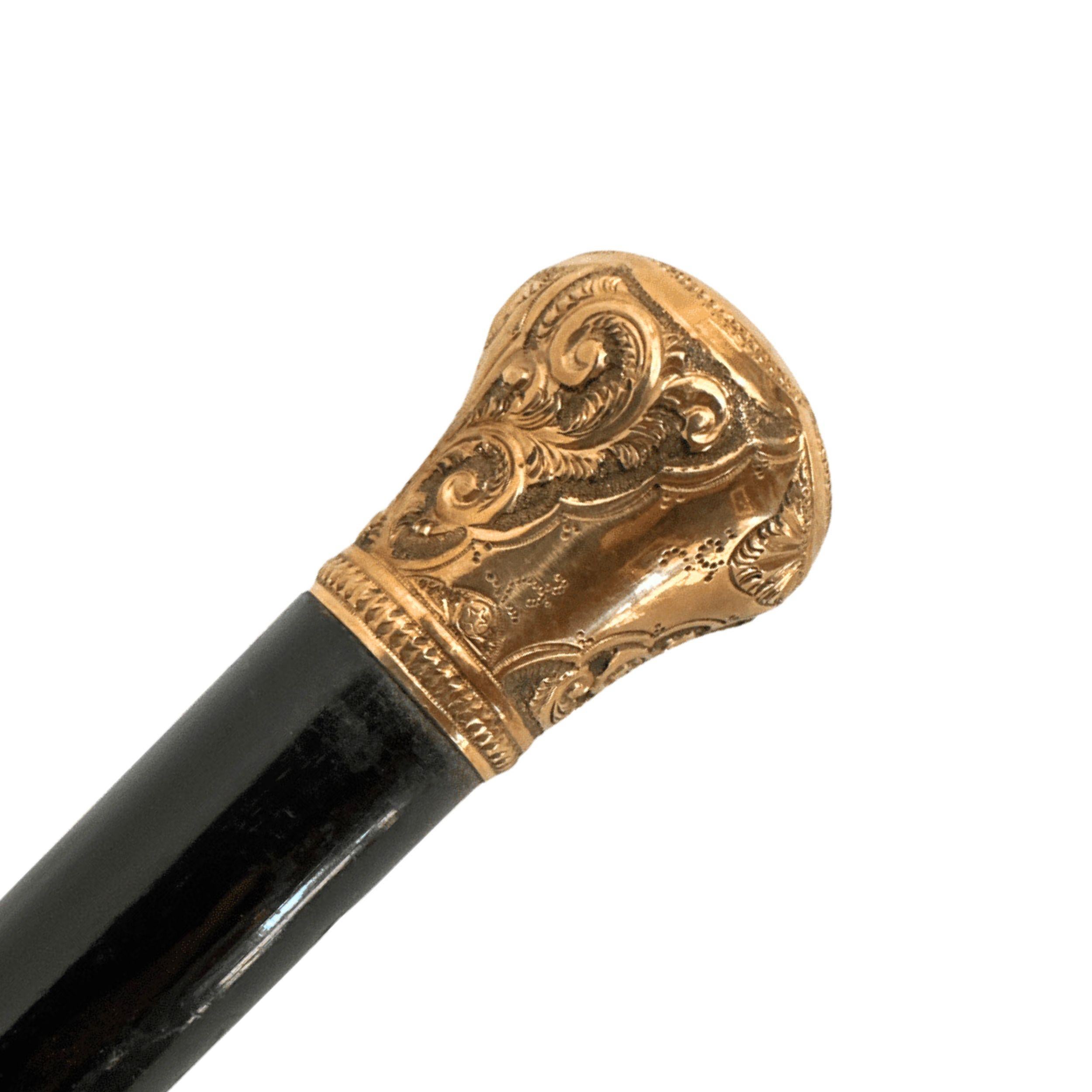 Antique Carved Gold Plate Knob Handle Walking Stick Cane Black Signed 1889 For Sale 4