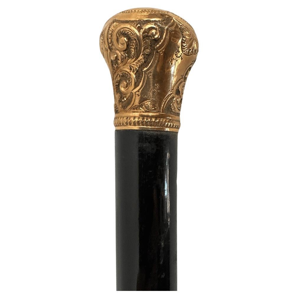 Antique Carved Gold Plate Knob Handle Walking Stick Cane Black Signed 1889