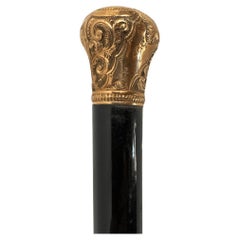 Antique Carved Gold Plate Knob Handle Walking Stick Cane Black Signed 1889