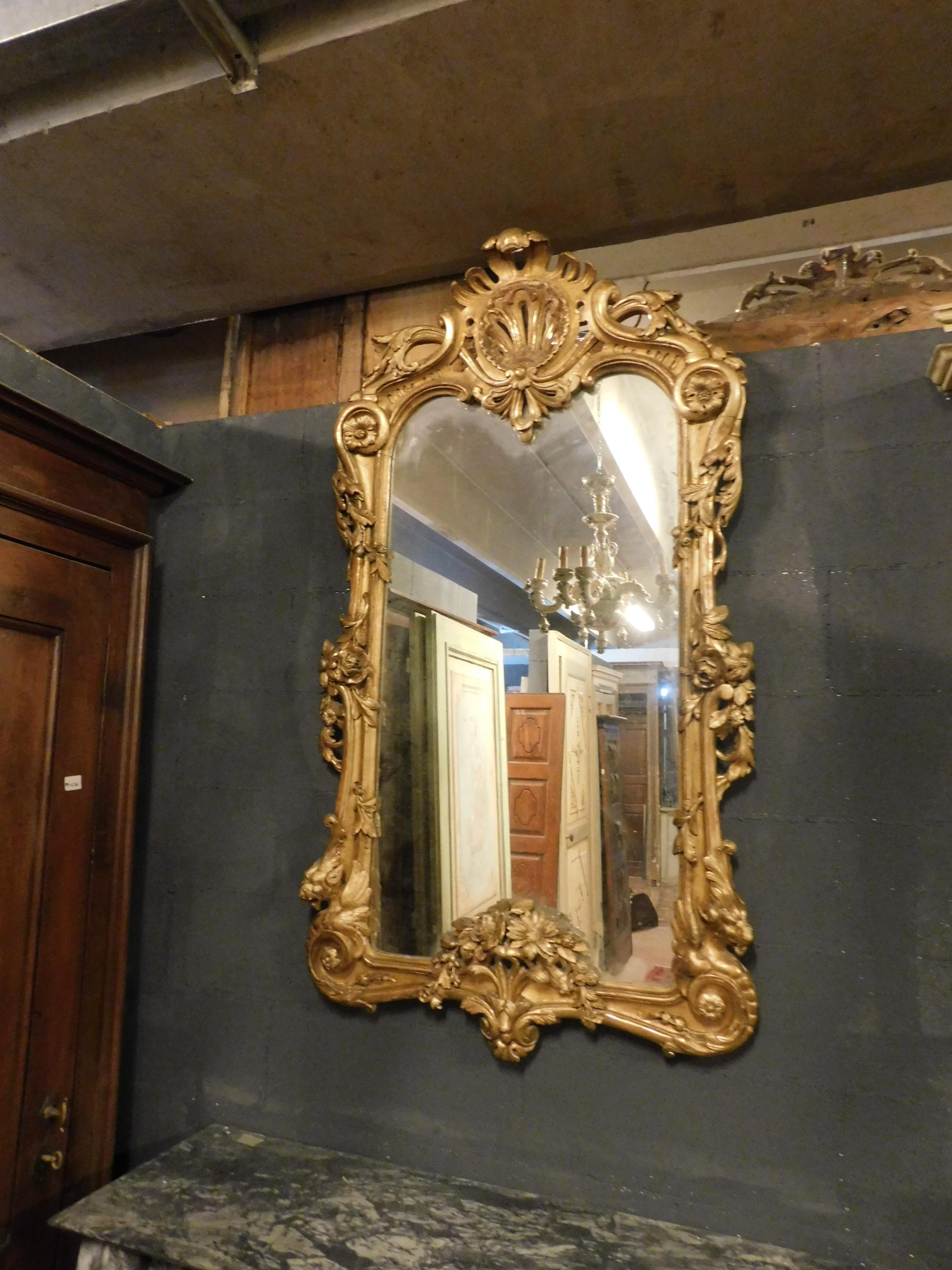 Gilt Antique Carved Golden Wood Mirror, 1800, Italy For Sale